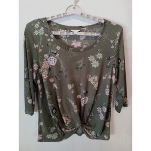 Candies Knot Front Women's Blouse Top, XL, Gray Floral
